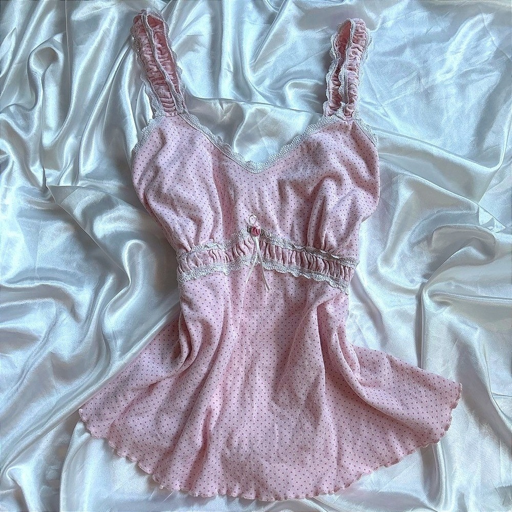 Vintage Coquette Cami Top Pink Lace Trim Polka Dot Dressbarn L